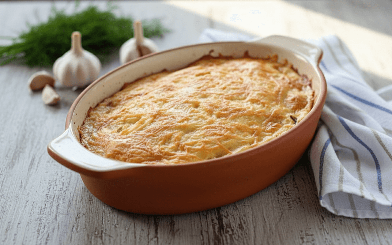 Orkaitėje keptas bulvių ir cukinijų apkepas