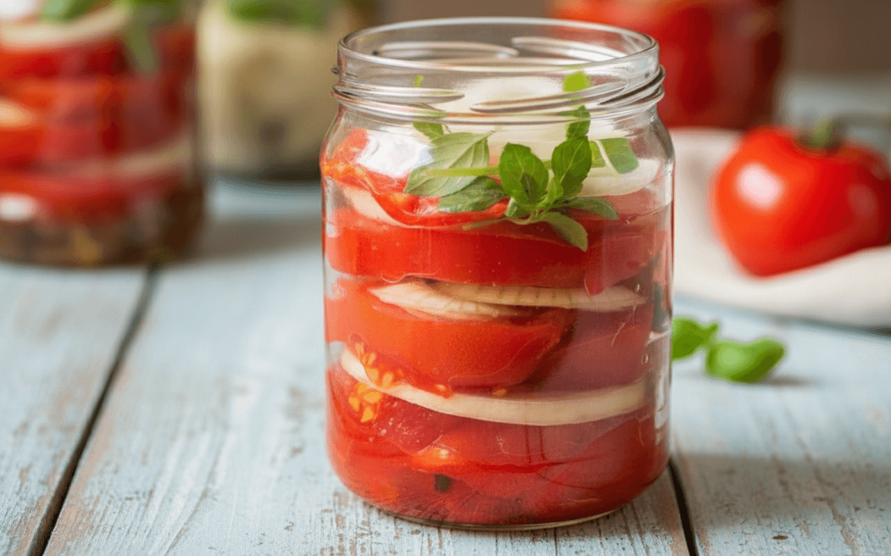 Pomidorų ir svogūnų konservai su želatina