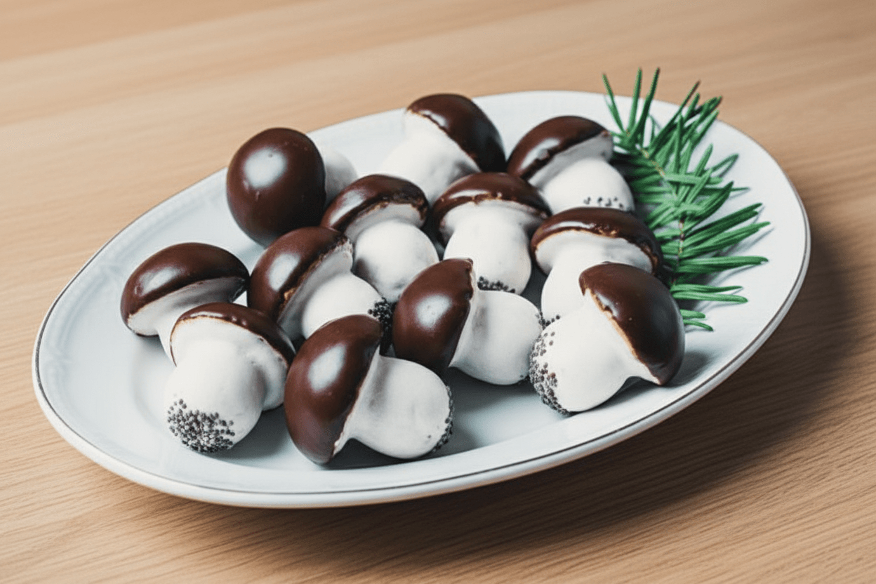 Minkšti biskvitiniai grybukai su šokoladu ir baltu glajumi