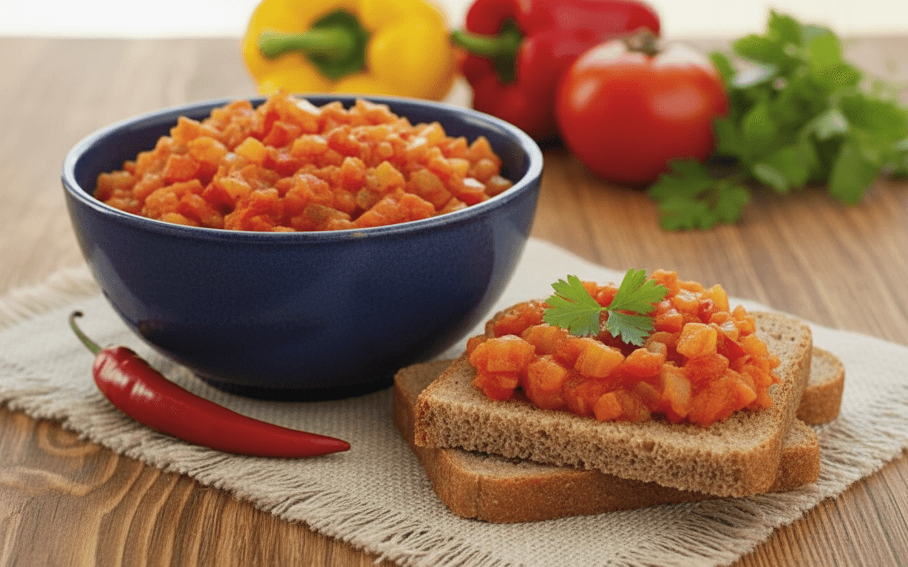 Žieminė daržovių mišrainė su pomidorais, morkomis, svogūnais ir paprikomis