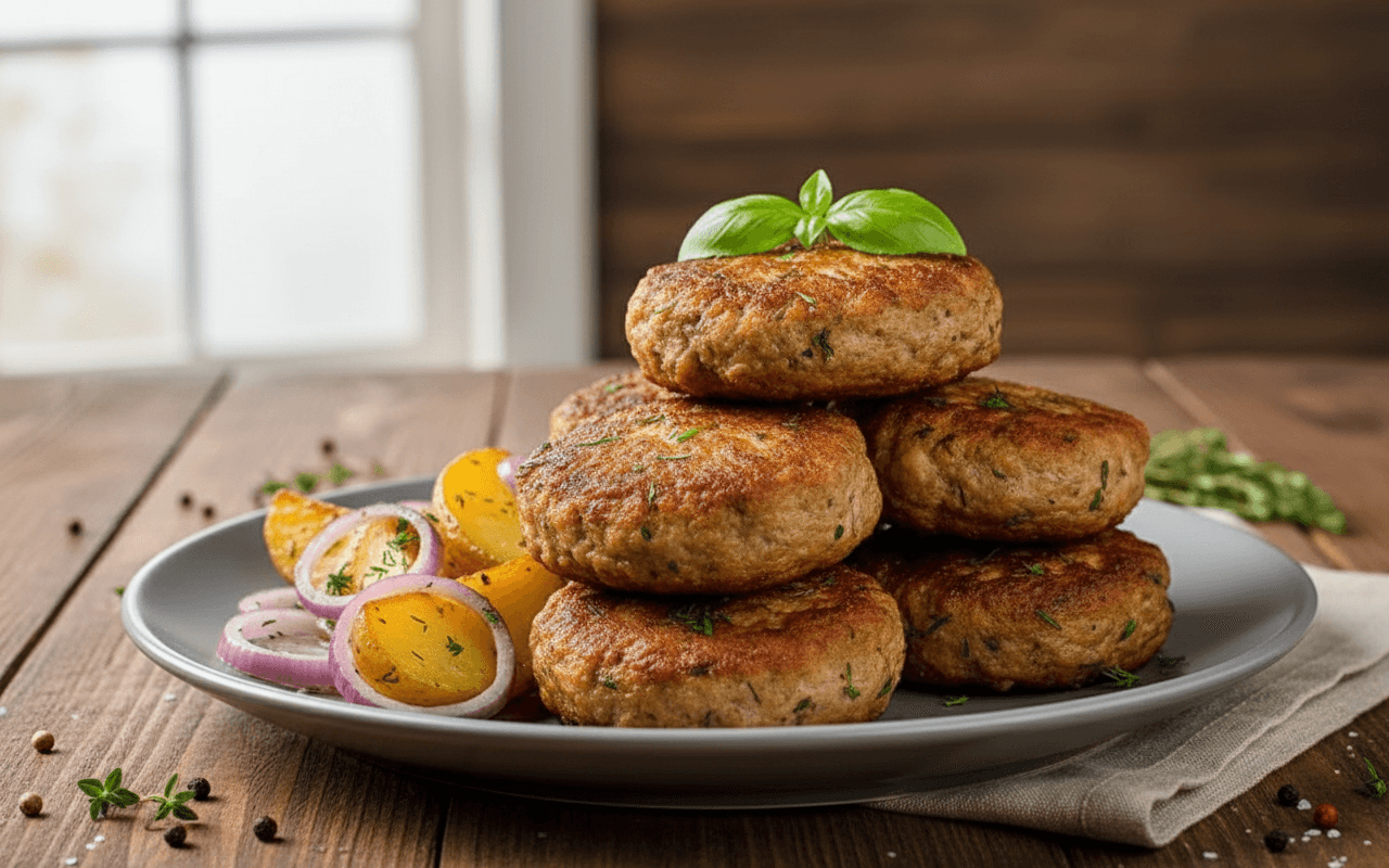 Purūs naminiai kotletai su bulvėmis ir svogūnais