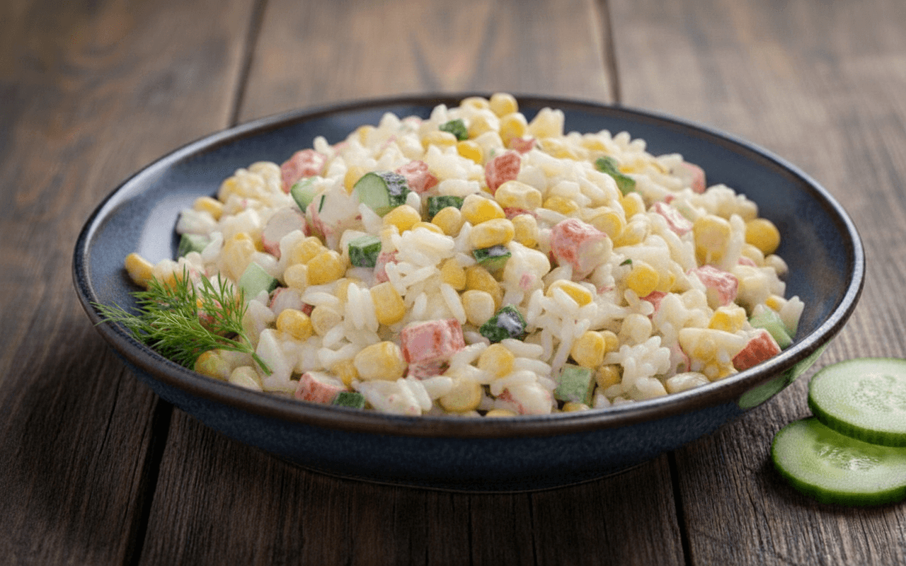 Salotos su krabų lazdelėmis, ryžiais ir kukurūzais